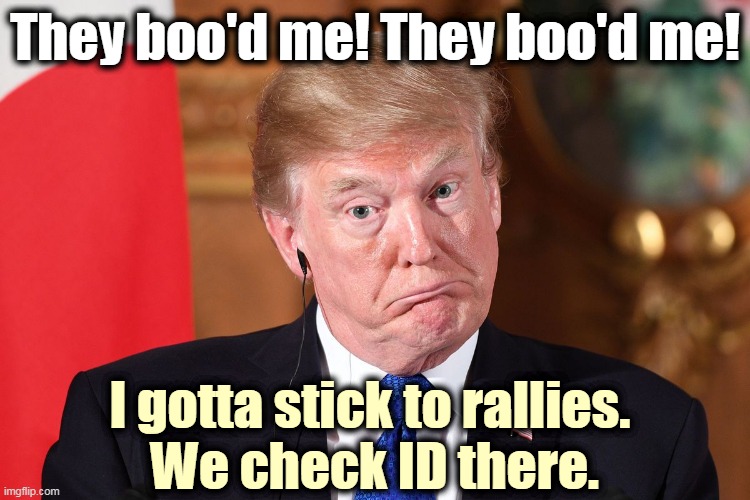 Trump gets bitchslapped by reality. America hates him. | They boo'd me! They boo'd me! I gotta stick to rallies. 
We check ID there. | image tagged in trump dumbfounded corrected,america,hate,trump,surprise | made w/ Imgflip meme maker