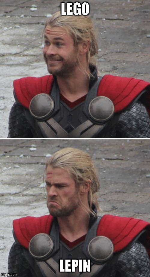 Thor happy then sad | LEGO; LEPIN | image tagged in thor happy then sad | made w/ Imgflip meme maker