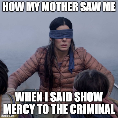 When i said that one time | HOW MY MOTHER SAW ME; WHEN I SAID SHOW MERCY TO THE CRIMINAL | image tagged in memes,bird box,mercy,criminals,rehab,mom | made w/ Imgflip meme maker