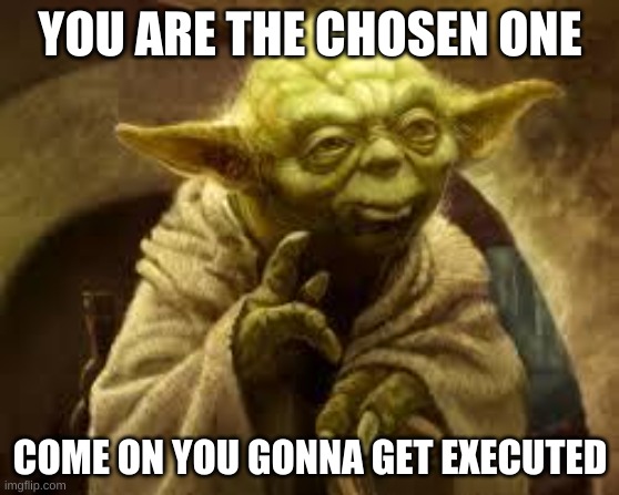 yoda | YOU ARE THE CHOSEN ONE; COME ON YOU GONNA GET EXECUTED | image tagged in yoda | made w/ Imgflip meme maker