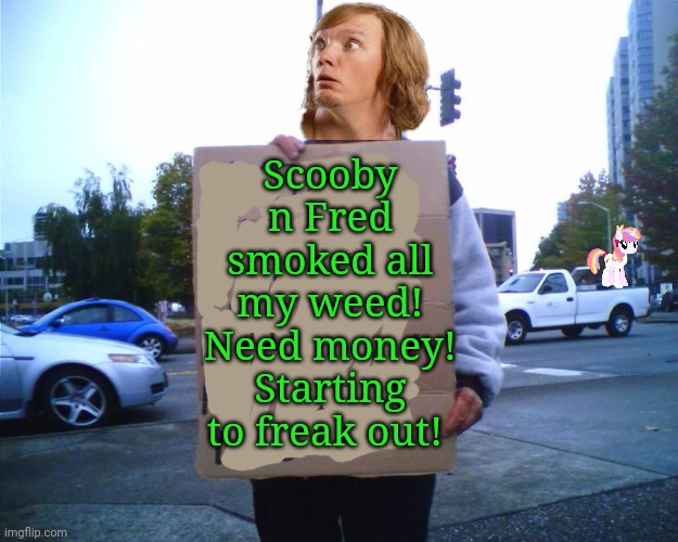 Shaggy is coming down! | Scooby n Fred smoked all my weed! Need money! Starting to freak out! | image tagged in hobo funny sign,scooby doo shaggy,weed,guy holding cardboard sign | made w/ Imgflip meme maker