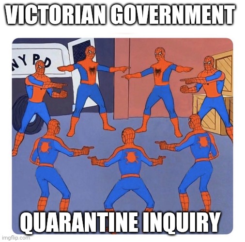 7 spidermen pointing | VICTORIAN GOVERNMENT; QUARANTINE INQUIRY | image tagged in 7 spidermen pointing | made w/ Imgflip meme maker