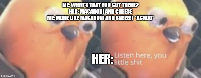 Macaroni And Sneeze | ME: WHAT'S THAT YOU GOT THERE?

HER: MACARONI AND CHEESE
ME: MORE LIKE MACARONI AND SNEEZE!  *ACHOO*; HER: | image tagged in listen here you little shit bird | made w/ Imgflip meme maker