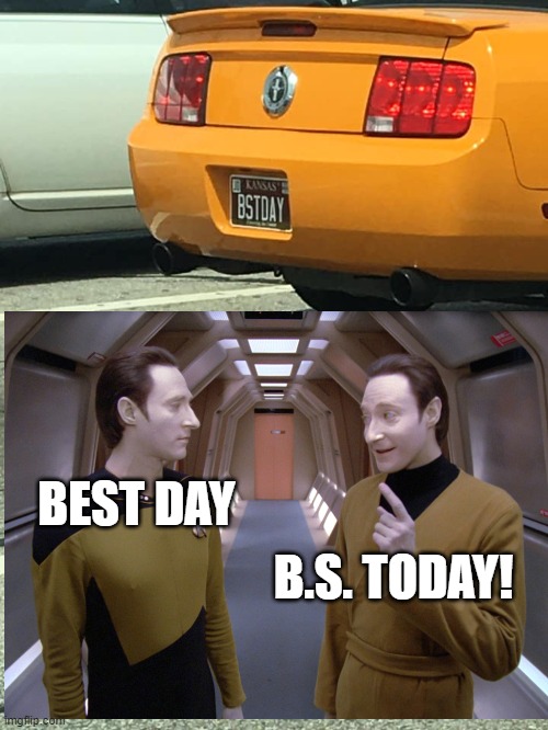 It's all in how you see it | BEST DAY; B.S. TODAY! | image tagged in license plate,star trek data,data,lore | made w/ Imgflip meme maker