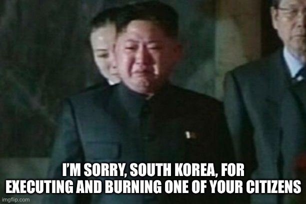NK Apology | I’M SORRY, SOUTH KOREA, FOR EXECUTING AND BURNING ONE OF YOUR CITIZENS | image tagged in memes,kim jong un sad | made w/ Imgflip meme maker