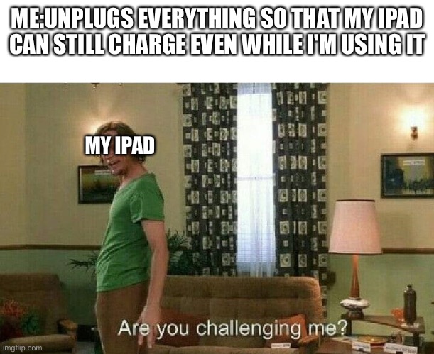 Are you challenging me? | ME:UNPLUGS EVERYTHING SO THAT MY IPAD CAN STILL CHARGE EVEN WHILE I'M USING IT; MY IPAD | image tagged in are you challenging me | made w/ Imgflip meme maker