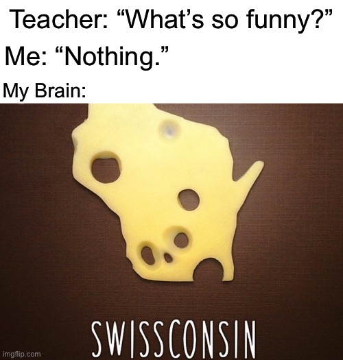 Teacher: “What’s so funny?”; Me: “Nothing.”; My Brain: | image tagged in blank white template,brain,wisconsin,united states of america,united states,murica | made w/ Imgflip meme maker