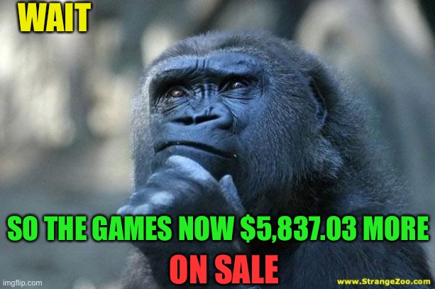 Deep Thoughts | WAIT SO THE GAMES NOW $5,837.03 MORE ON SALE | image tagged in deep thoughts | made w/ Imgflip meme maker