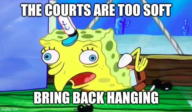 Retarded spongebob | THE COURTS ARE TOO SOFT; BRING BACK HANGING | image tagged in retarded spongebob | made w/ Imgflip meme maker