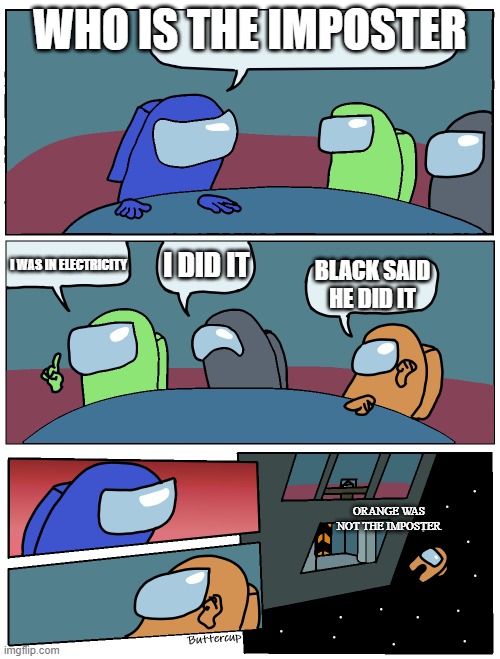 nej | WHO IS THE IMPOSTER; I DID IT; I WAS IN ELECTRICITY; BLACK SAID HE DID IT; ORANGE WAS NOT THE IMPOSTER | image tagged in among us meeting | made w/ Imgflip meme maker