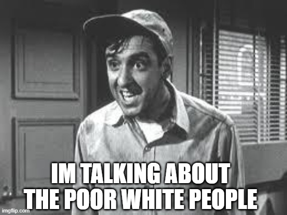 Gomer Pyle | IM TALKING ABOUT THE POOR WHITE PEOPLE | image tagged in gomer pyle | made w/ Imgflip meme maker