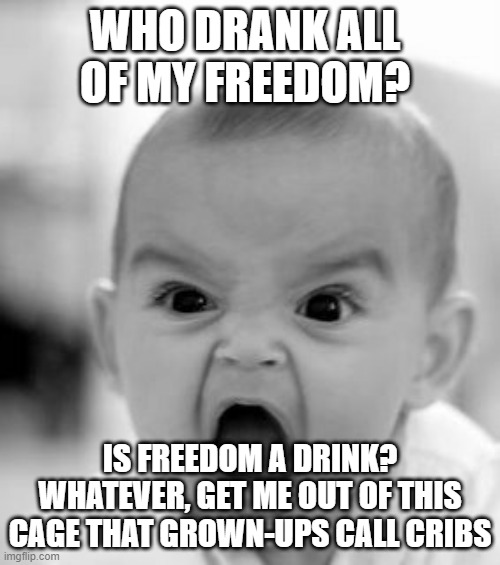 Angry Baby Meme | WHO DRANK ALL OF MY FREEDOM? IS FREEDOM A DRINK? WHATEVER, GET ME OUT OF THIS CAGE THAT GROWN-UPS CALL CRIBS | image tagged in memes,angry baby | made w/ Imgflip meme maker
