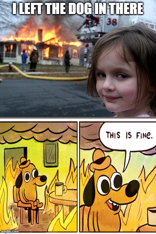 2 memes in one >:D | I LEFT THE DOG IN THERE | image tagged in memes,disaster girl | made w/ Imgflip meme maker