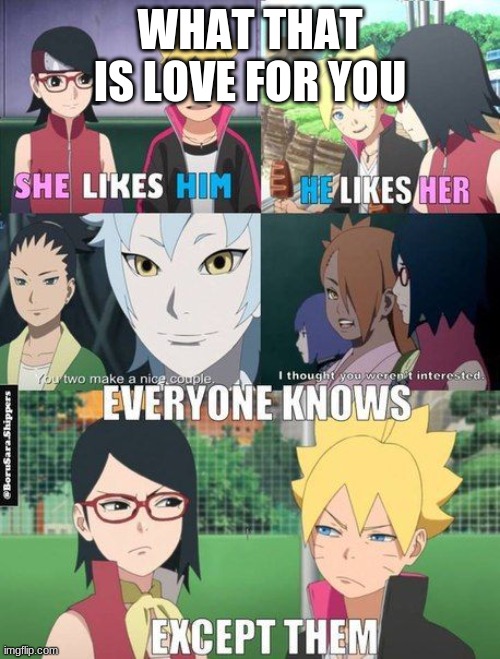Boruto | WHAT THAT IS LOVE FOR YOU | image tagged in boruto,naruto,fun,funny,anime | made w/ Imgflip meme maker