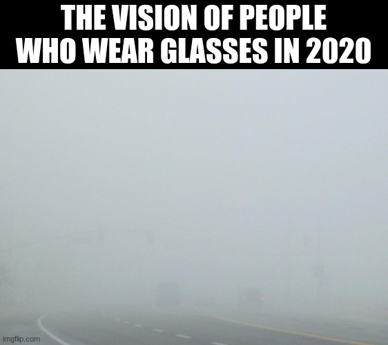 because you fog up your glasses with your mask when you breath | THE VISION OF PEOPLE WHO WEAR GLASSES IN 2020 | image tagged in glasses,memes | made w/ Imgflip meme maker