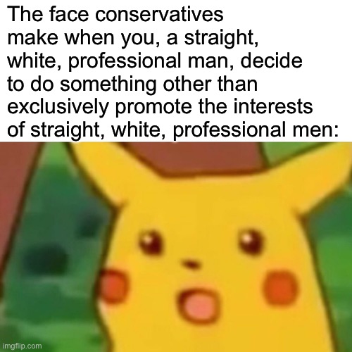 “But why? Why would you do that?” | The face conservatives make when you, a straight, white, professional man, decide to do something other than exclusively promote the interests of straight, white, professional men: | image tagged in memes,surprised pikachu,but why why would you do that,y tho,but why tho,conservative logic | made w/ Imgflip meme maker