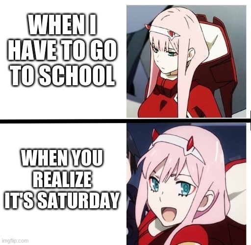 Zero Two Meme | WHEN I HAVE TO GO TO SCHOOL; WHEN YOU REALIZE IT'S SATURDAY | image tagged in zero two meme | made w/ Imgflip meme maker