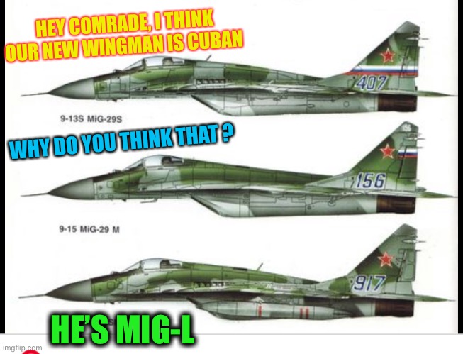 Russian Mikoya & Gurevich fighter jets .. known as MiG (s) | HEY COMRADE, I THINK OUR NEW WINGMAN IS CUBAN; WHY DO YOU THINK THAT ? HE’S MIG-L | image tagged in miguel,russian fighter planes,mig,play on words,jokes | made w/ Imgflip meme maker