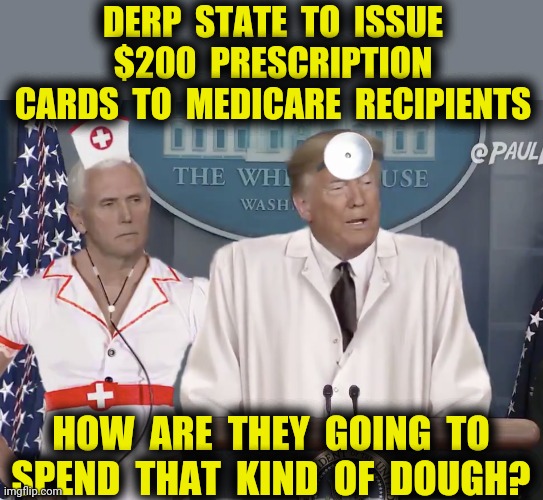 Four years and THIS is the plan? | DERP  STATE  TO  ISSUE  $200  PRESCRIPTION 
CARDS  TO  MEDICARE  RECIPIENTS; HOW  ARE  THEY  GOING  TO
SPEND  THAT  KIND  OF  DOUGH? | image tagged in trump pence 2020,medicare prescription cards,derp state,funny,memes | made w/ Imgflip meme maker