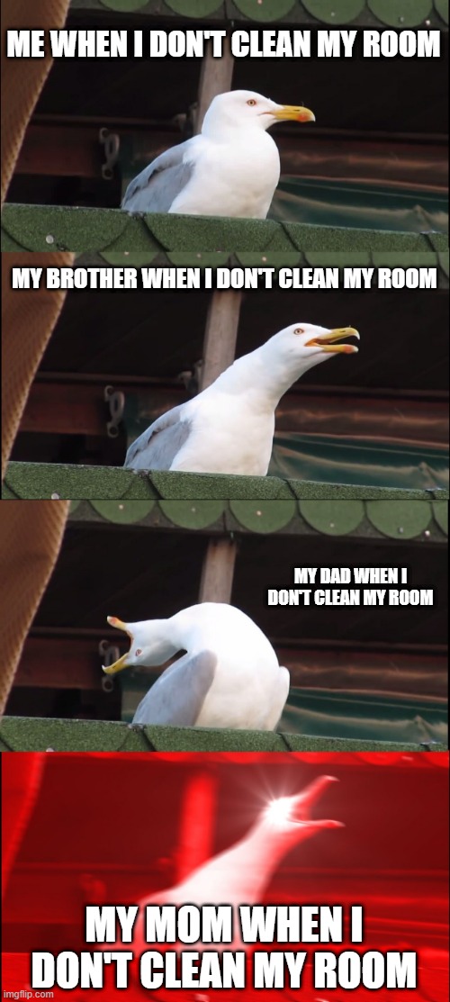 hey guys im going camping so yeah i wont be posting for a week or two :( | ME WHEN I DON'T CLEAN MY ROOM; MY BROTHER WHEN I DON'T CLEAN MY ROOM; MY DAD WHEN I DON'T CLEAN MY ROOM; MY MOM WHEN I DON'T CLEAN MY ROOM | image tagged in memes,inhaling seagull | made w/ Imgflip meme maker