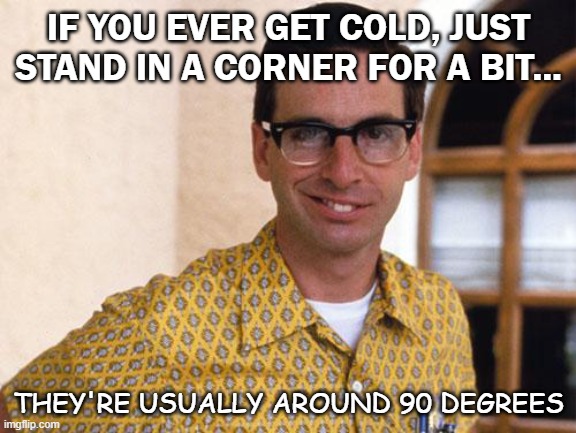 Daily Bad Dad Joke Sept 25 2020 | IF YOU EVER GET COLD, JUST STAND IN A CORNER FOR A BIT... THEY'RE USUALLY AROUND 90 DEGREES | image tagged in nerds | made w/ Imgflip meme maker