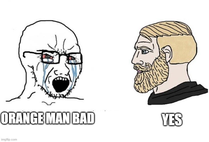 Soyboy Yes Chad Solidarity | YES; ORANGE MAN BAD | image tagged in soyboy vs yes chad | made w/ Imgflip meme maker