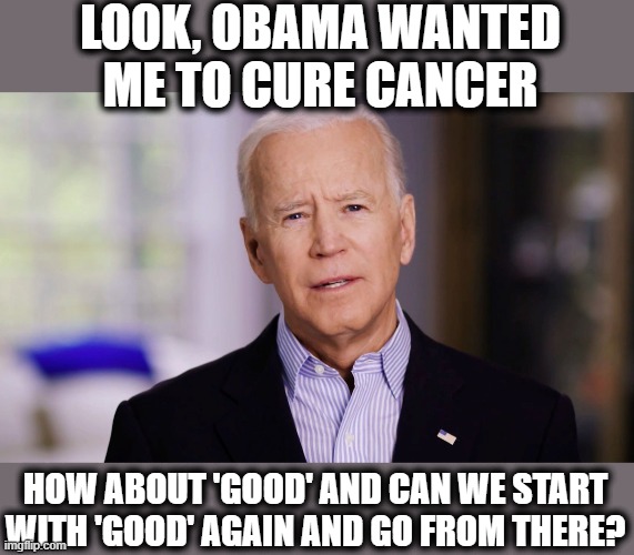 Joe Biden 2020 | LOOK, OBAMA WANTED ME TO CURE CANCER HOW ABOUT 'GOOD' AND CAN WE START WITH 'GOOD' AGAIN AND GO FROM THERE? | image tagged in joe biden 2020 | made w/ Imgflip meme maker