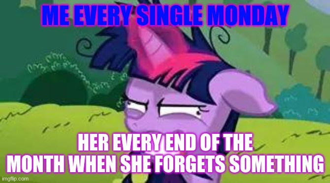 mlp | ME EVERY SINGLE MONDAY; HER EVERY END OF THE MONTH WHEN SHE FORGETS SOMETHING | image tagged in mlp | made w/ Imgflip meme maker