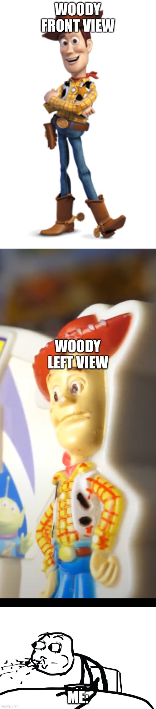 Woody Left View | WOODY FRONT VIEW; WOODY LEFT VIEW; ME: | image tagged in cursed image,toy story,sos,cursed toy story,woody | made w/ Imgflip meme maker
