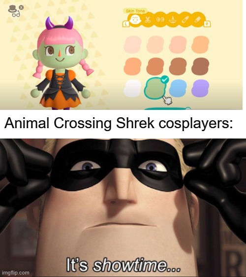 Inspired from the comment section of the ACNH fall update | Animal Crossing Shrek cosplayers: | image tagged in it's showtime,animal crossing,shrek | made w/ Imgflip meme maker