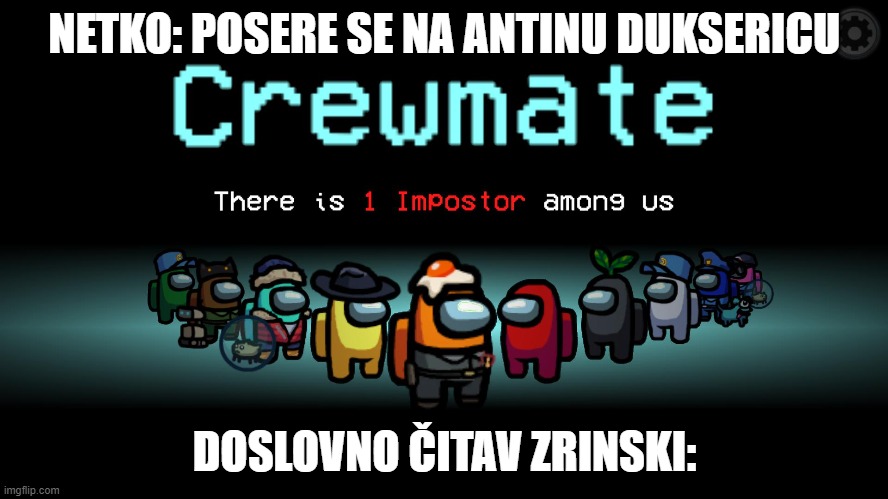 Only Croatians will understand | NETKO: POSERE SE NA ANTINU DUKSERICU; DOSLOVNO ČITAV ZRINSKI: | image tagged in among us,croatia | made w/ Imgflip meme maker