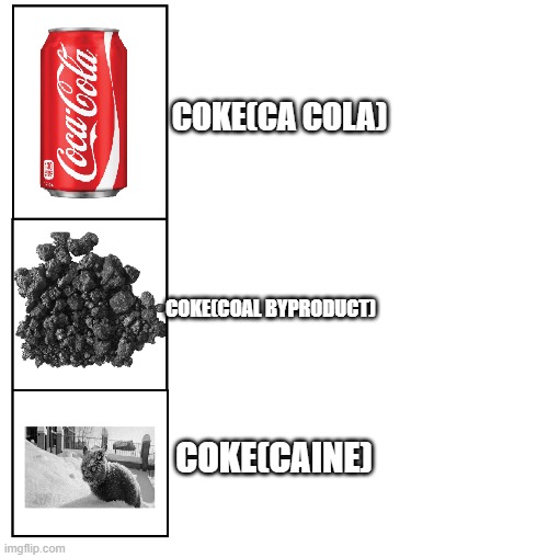 3 kinda Coke | COKE(CA COLA); COKE(COAL BYPRODUCT); COKE(CAINE) | image tagged in cocaine | made w/ Imgflip meme maker