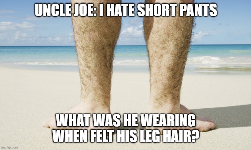 Feel my hairy legs | UNCLE JOE: I HATE SHORT PANTS; WHAT WAS HE WEARING WHEN FELT HIS LEG HAIR? | image tagged in biden hairy legs | made w/ Imgflip meme maker