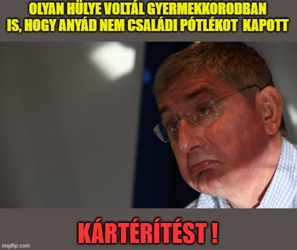 OLYAN HÜLYE VOLTÁL GYERMEKKORODBAN IS, HOGY ANYÁD NEM CSALÁDI PÓTLÉKOT  KAPOTT; KÁRTÉRÍTÉST ! | made w/ Imgflip meme maker