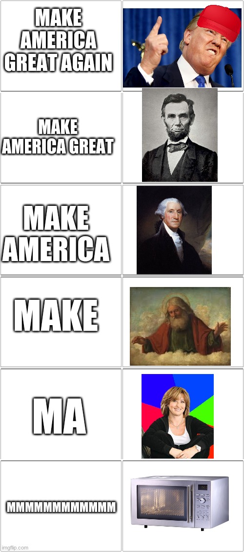 am I right | MAKE AMERICA GREAT AGAIN; MAKE AMERICA GREAT; MAKE AMERICA; MAKE; MA; MMMMMMMMMMMM | image tagged in memes,blank comic panel 2x1 | made w/ Imgflip meme maker