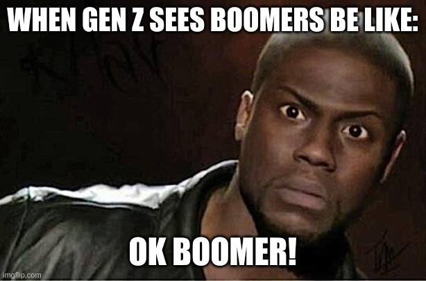 Kevin Hart | WHEN GEN Z SEES BOOMERS BE LIKE:; OK BOOMER! | image tagged in memes,kevin hart | made w/ Imgflip meme maker