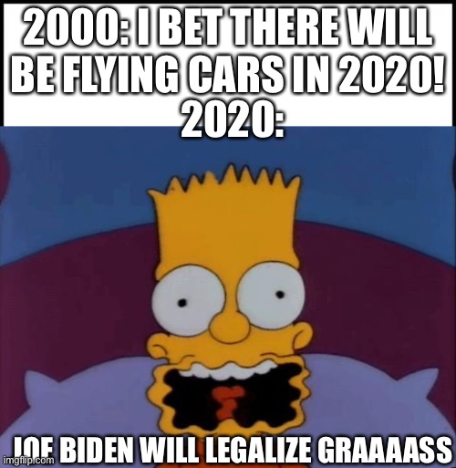 GRAAAASS | 2000: I BET THERE WILL BE FLYING CARS IN 2020! 2020:; JOE BIDEN WILL LEGALIZE GRAAAASS | image tagged in joe biden,memes | made w/ Imgflip meme maker