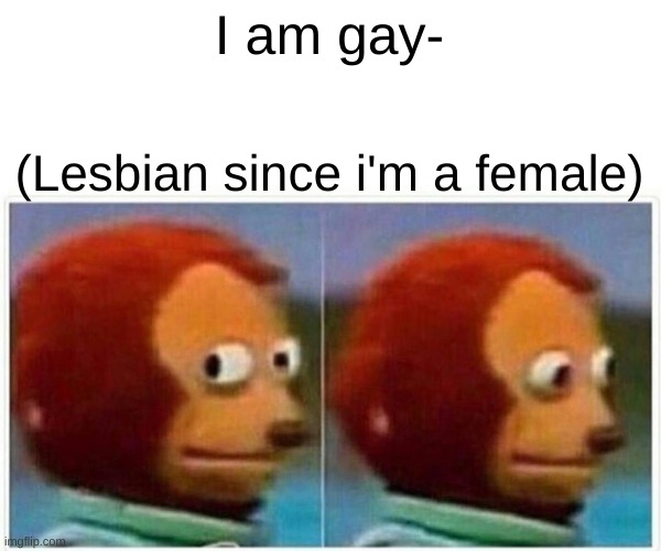 Monkey Puppet Meme | I am gay- (Lesbian since i'm a female) | image tagged in memes,monkey puppet | made w/ Imgflip meme maker