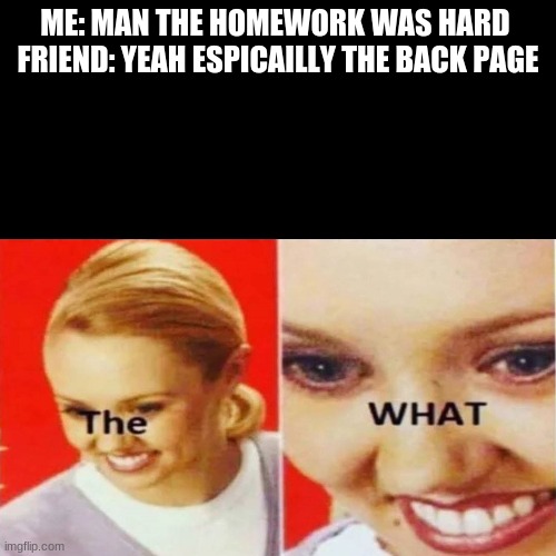 The What | ME: MAN THE HOMEWORK WAS HARD 
FRIEND: YEAH ESPICAILLY THE BACK PAGE | image tagged in the what | made w/ Imgflip meme maker
