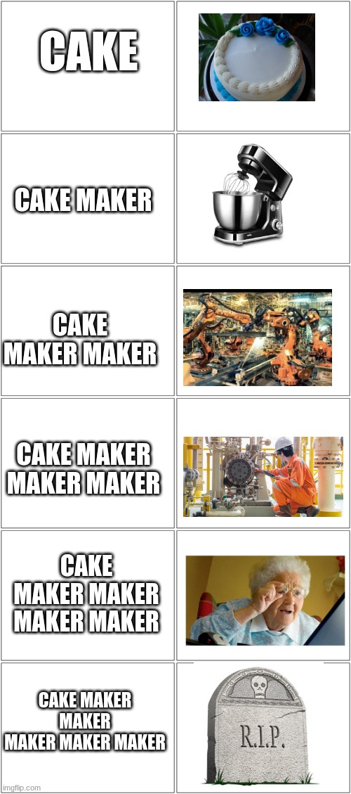 cake | CAKE; CAKE MAKER; CAKE MAKER MAKER; CAKE MAKER MAKER MAKER; CAKE MAKER MAKER MAKER MAKER; CAKE MAKER MAKER MAKER MAKER MAKER | image tagged in memes,blank comic panel 2x1,cake,grandma | made w/ Imgflip meme maker