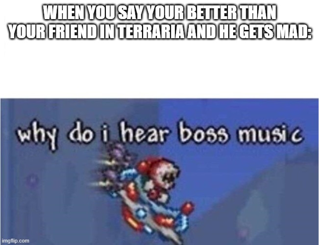 why do i hear boss music | WHEN YOU SAY YOUR BETTER THAN YOUR FRIEND IN TERRARIA AND HE GETS MAD: | image tagged in why do i hear boss music | made w/ Imgflip meme maker