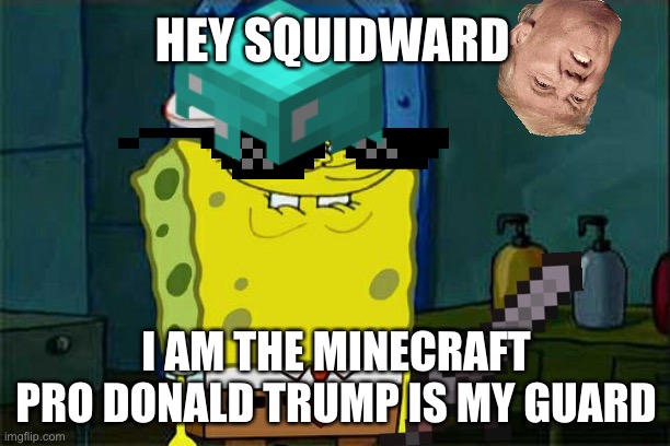Lol | HEY SQUIDWARD; I AM THE MINECRAFT PRO DONALD TRUMP IS MY GUARD | image tagged in dont you squidward,donald trump,spongebob | made w/ Imgflip meme maker