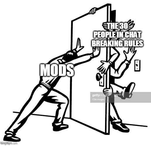Mods be like | THE 30 PEOPLE IN CHAT BREAKING RULES; MODS | image tagged in mods,discord,mod,moderater | made w/ Imgflip meme maker