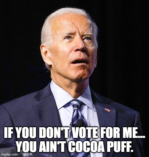 ...and you ain't Cocoa Pebbles either. | IF YOU DON'T VOTE FOR ME...
YOU AIN'T COCOA PUFF. | image tagged in joe biden,cocoa puffs,dementia | made w/ Imgflip meme maker