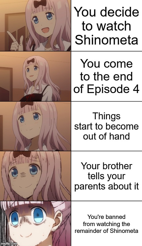 Based Upon a True Story | You decide to watch Shinometa; You come to the end of Episode 4; Things start to become out of hand; Your brother tells your parents about it; You're banned from watching the remainder of Shinometa | image tagged in chika stressed template 5-box version,anime,memes,shinometa | made w/ Imgflip meme maker