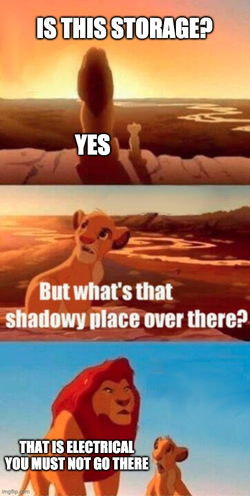 Simba Shadowy Place |  IS THIS STORAGE? YES; THAT IS ELECTRICAL YOU MUST NOT GO THERE | image tagged in memes,simba shadowy place | made w/ Imgflip meme maker