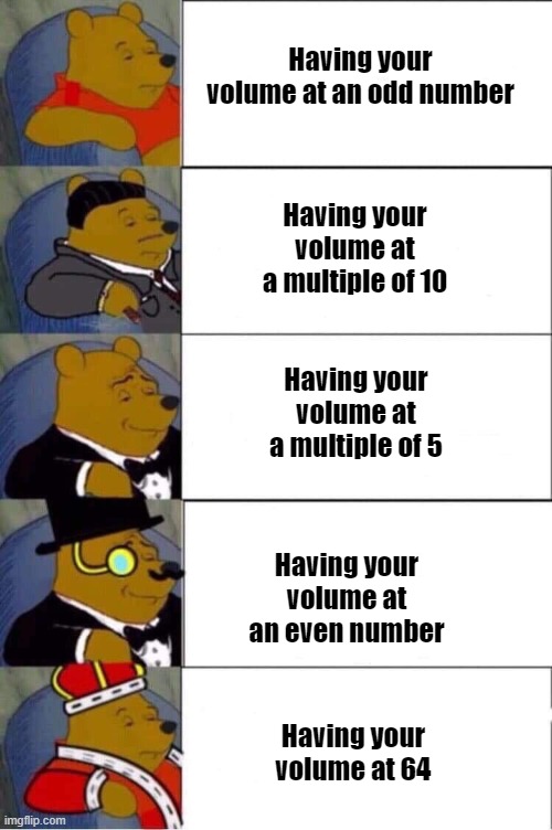Device Volumes | Having your volume at an odd number; Having your volume at a multiple of 10; Having your volume at a multiple of 5; Having your volume at an even number; Having your volume at 64 | image tagged in tuxedo winnie the pooh,king winnie the poo,volume,devices,advancing | made w/ Imgflip meme maker