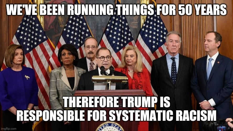 House Democrats | WE'VE BEEN RUNNING THINGS FOR 50 YEARS; THEREFORE TRUMP IS RESPONSIBLE FOR SYSTEMATIC RACISM | image tagged in house democrats | made w/ Imgflip meme maker