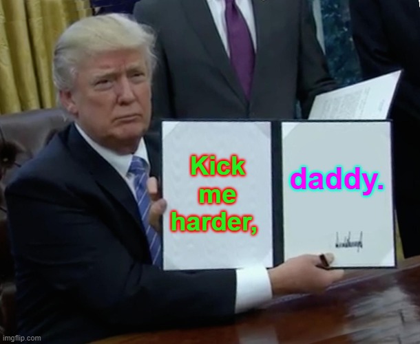 Trump Bill Signing Meme |  Kick me harder, daddy. | image tagged in memes,trump bill signing | made w/ Imgflip meme maker