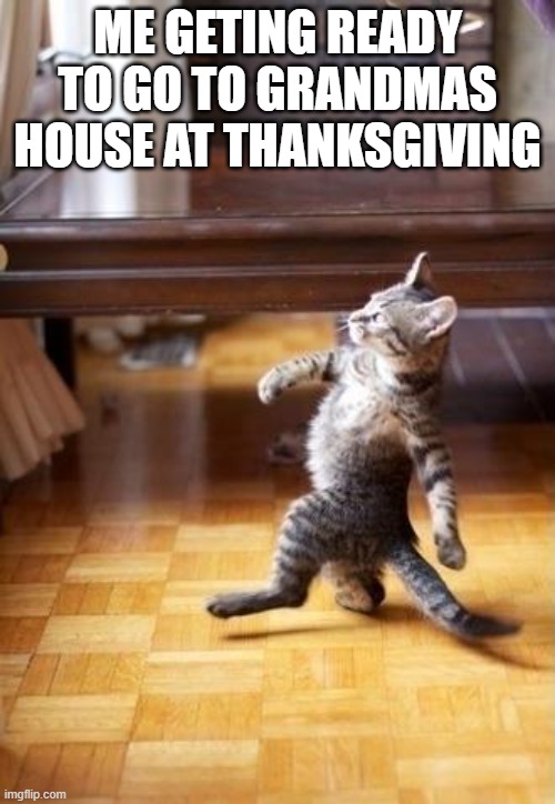 Cool Cat Stroll | ME GETING READY TO GO TO GRANDMAS HOUSE AT THANKSGIVING | image tagged in memes,cool cat stroll | made w/ Imgflip meme maker